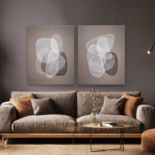 Abstract Neutral Wall Art Set Of 2 Stretched Canvas Print – Soft Interplay