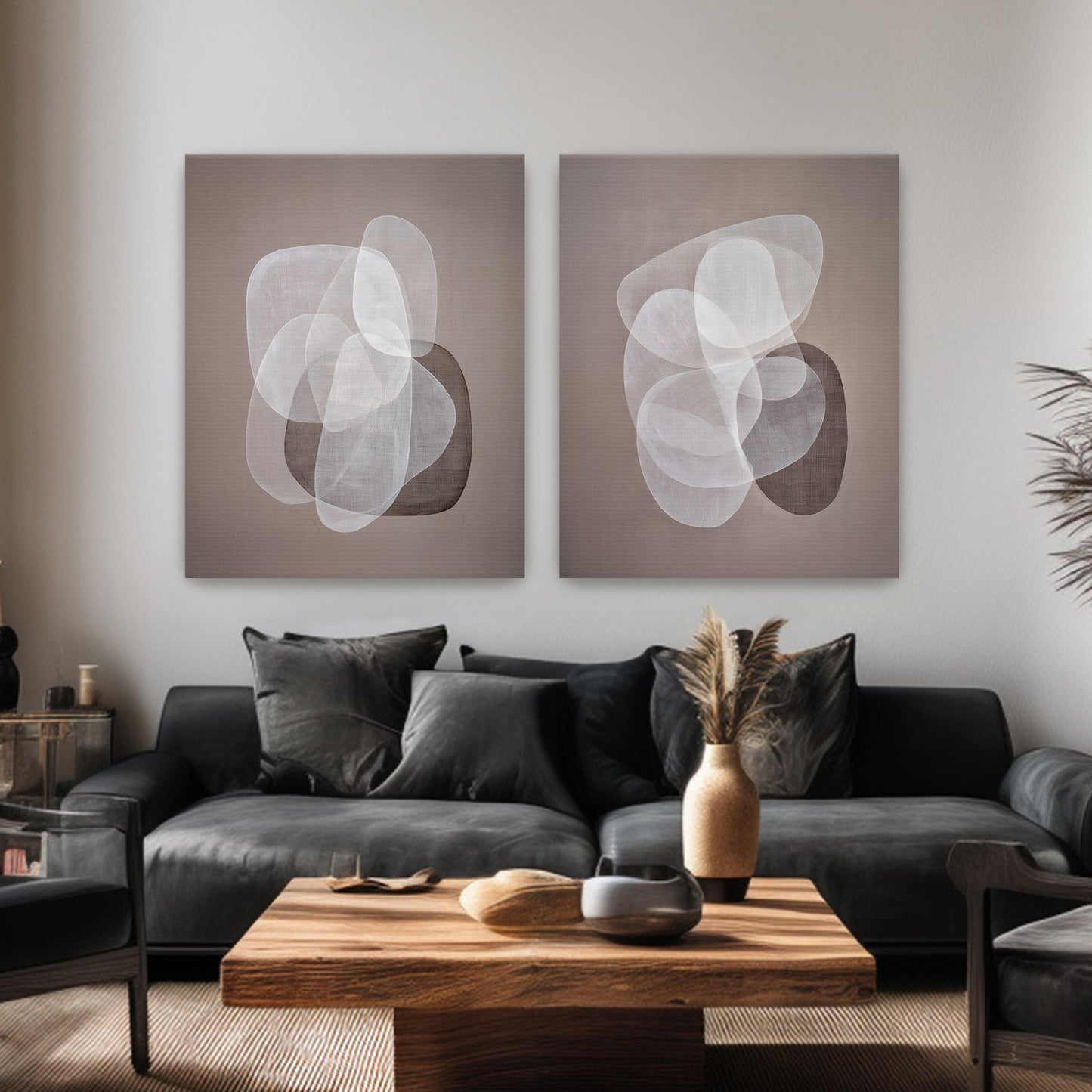 Abstract Neutral Wall Art Set Of 2 Rolled Canvas Print – Soft Interplay