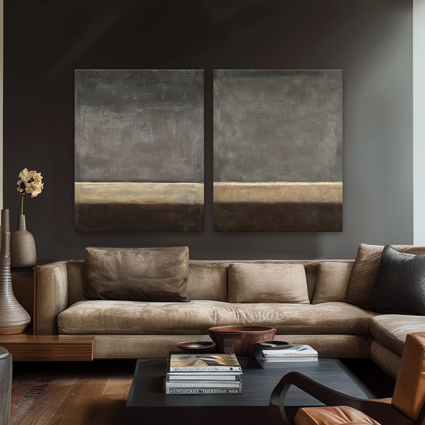 Abstract Neutral Wall Art Set Of 2 Stretched Canvas Print – Quiet Horizon