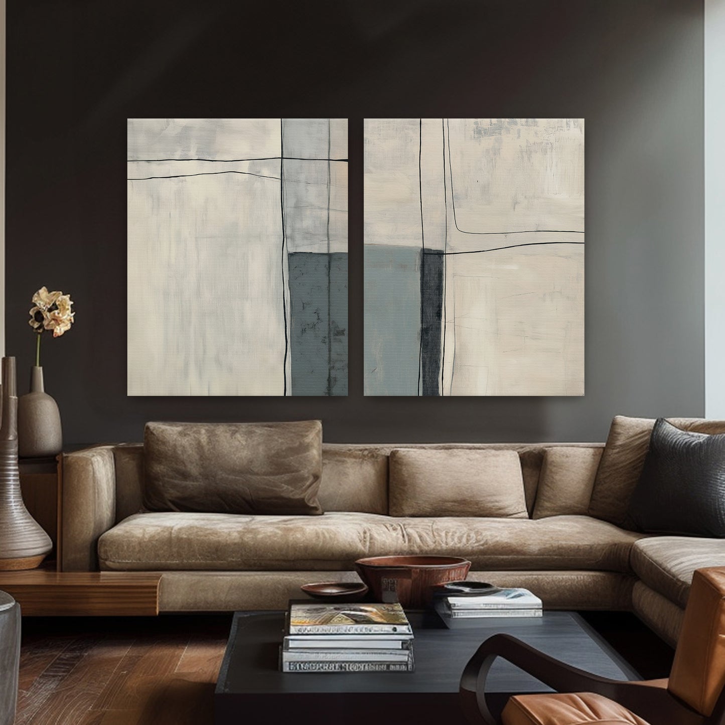 Neutral Abstract Canvas Wall Art Set of 2 Stretched Canvas – Quiet Intersection
