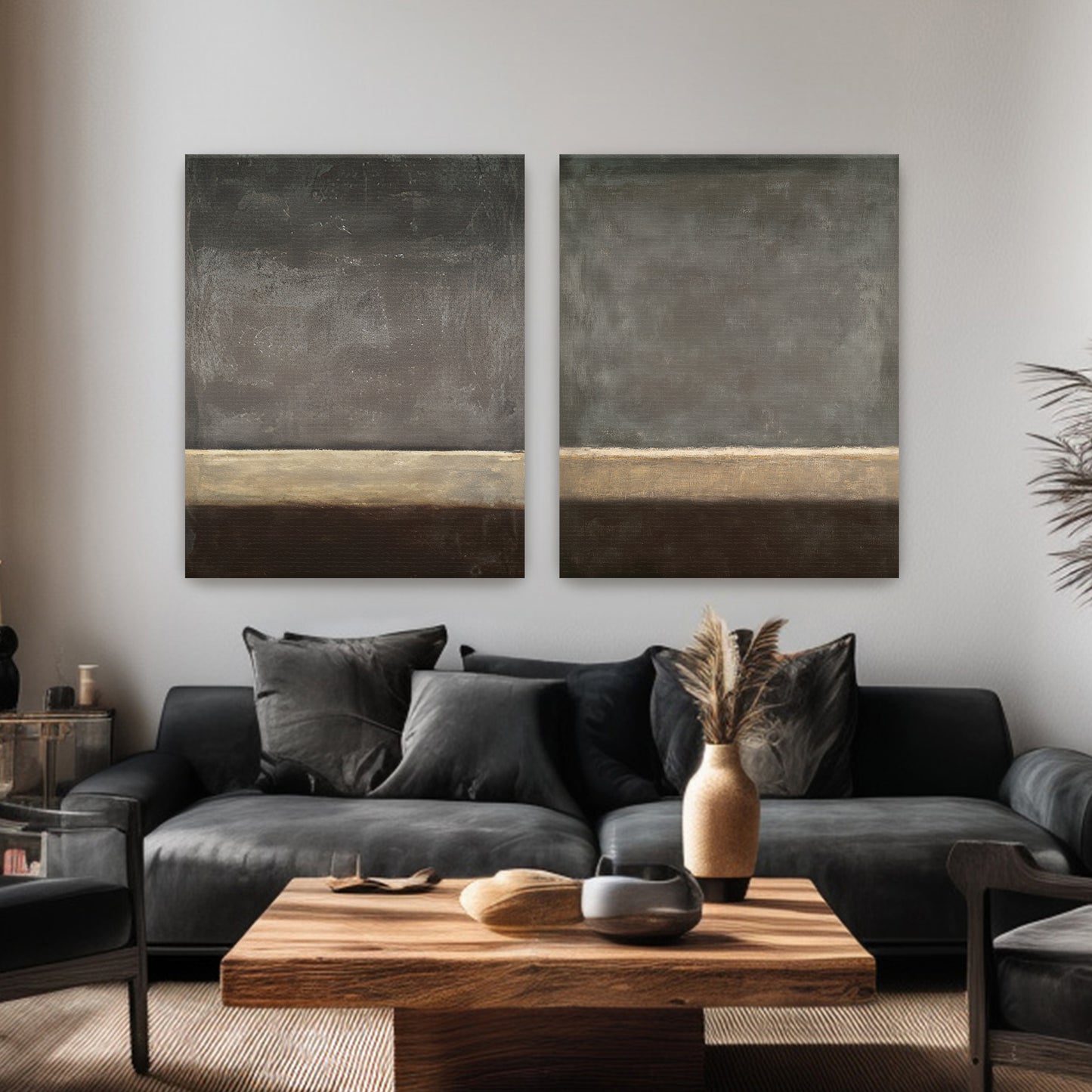 Abstract Neutral Wall Art Set Of 2 Rolled Canvas Print – Quiet Horizon