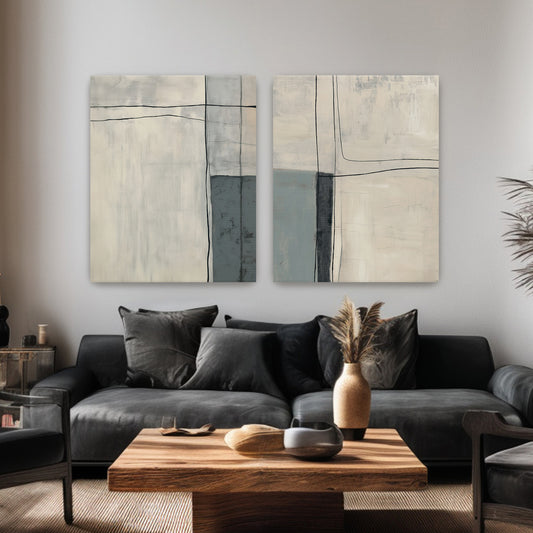 Neutral Abstract Canvas Wall Art Set of 2 Stretched Canvas – Quiet Intersection