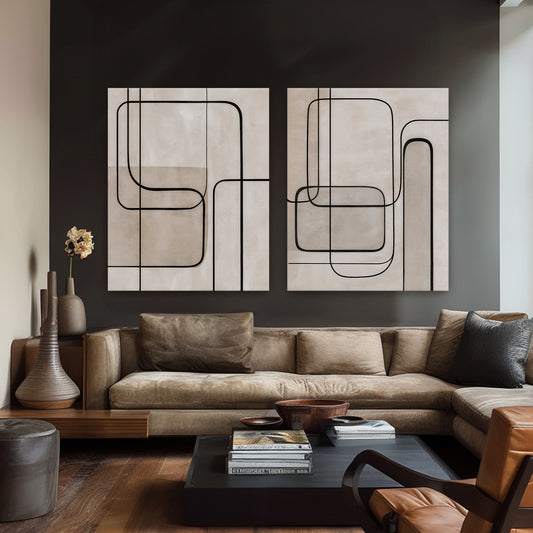 Abstract 2-piece rolled canvas wall art set with bold black continuous line work on a warm linen and greige textured ground — geometric minimalist diptych