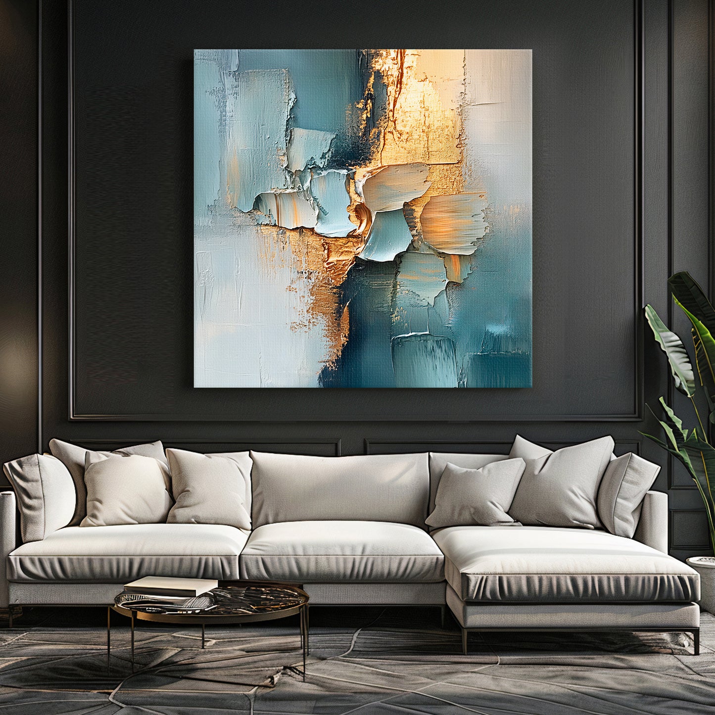 Abstract Wall Art Digital Download – “Golden Divide” in Teal and Gold