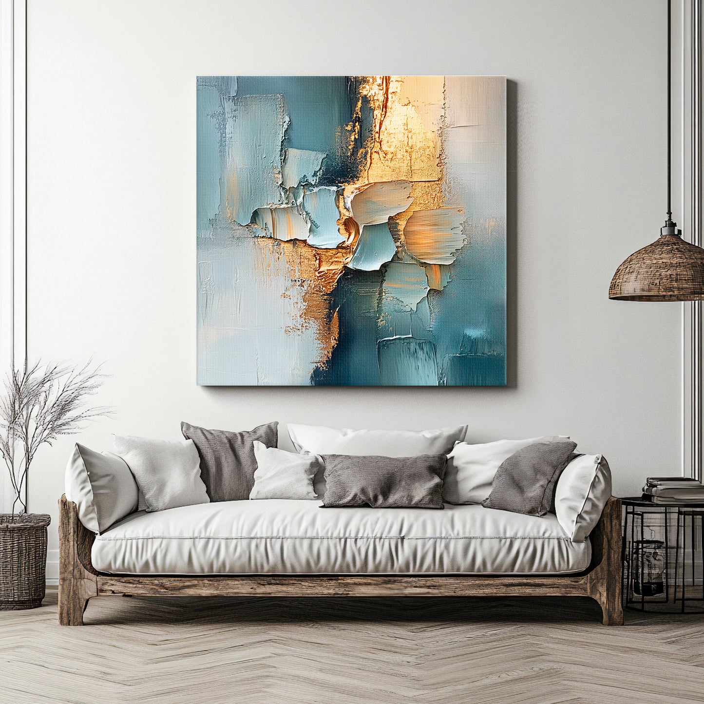 Abstract Wall Art Digital Download – “Golden Divide” in Teal and Gold
