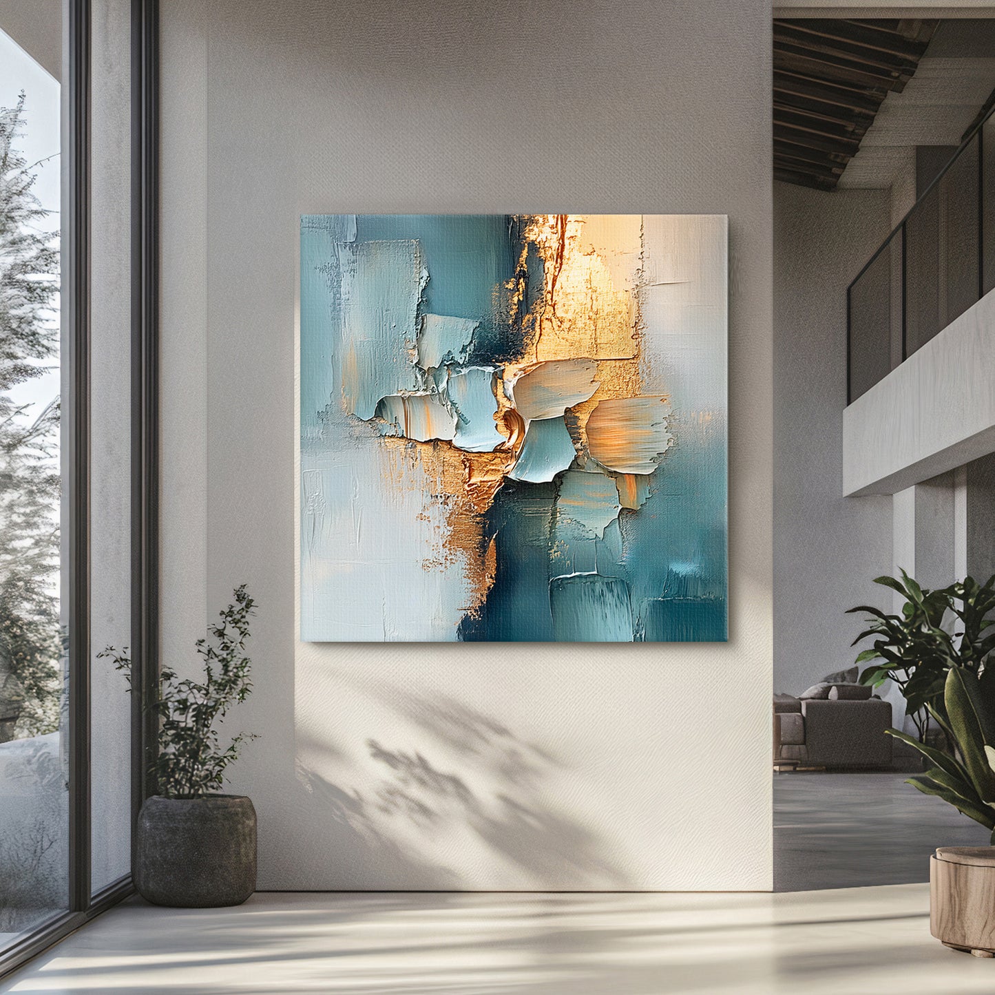 Abstract Wall Art Digital Download – “Golden Divide” in Teal and Gold