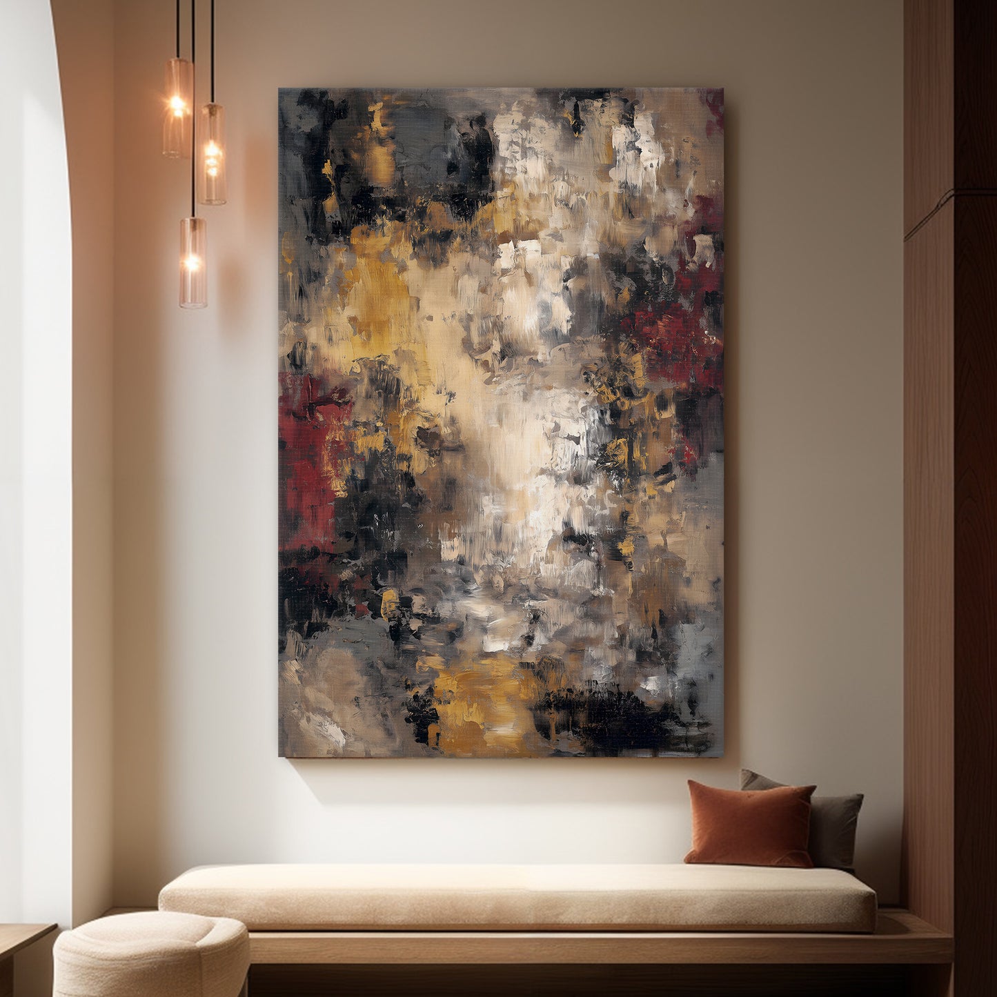 Abstract painting in a modern living room setting with a beige sofa and decorative pillows.