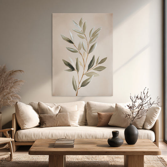 Stretched botanical canvas wall art with olive branch design in soft green and beige tones