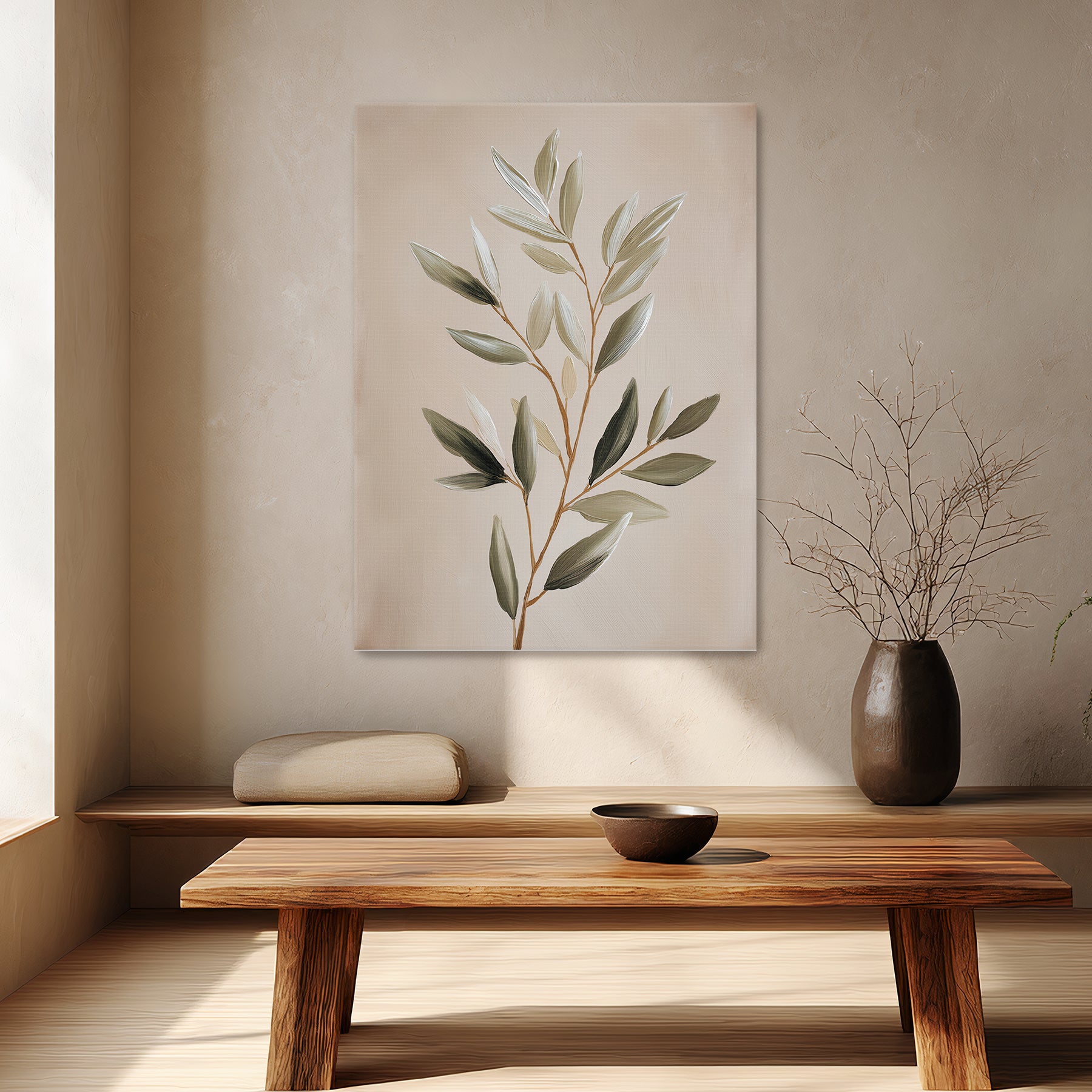Botanical canvas wall art with a minimalist olive branch and soft neutral tones