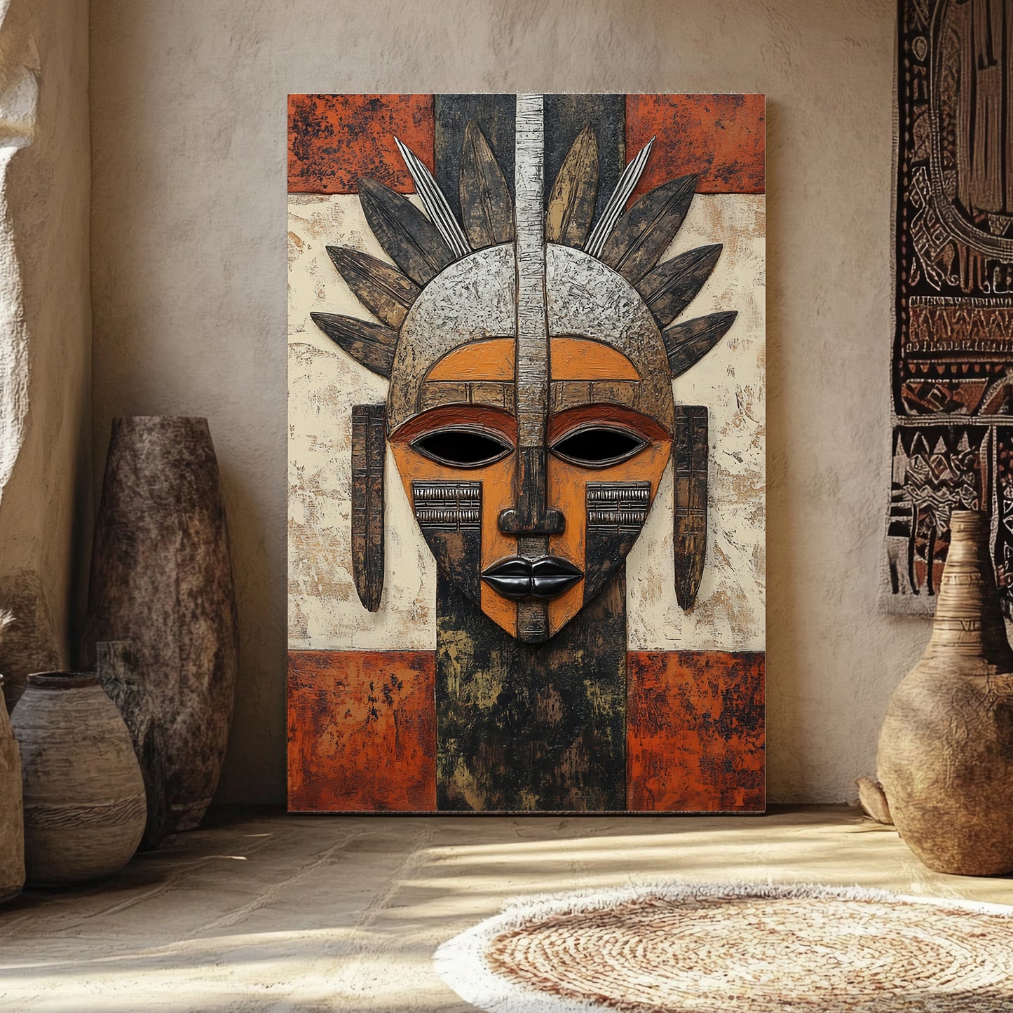 African Inspired Abstract Wall Art Rolled Canvas - "Guardian of Tradition"