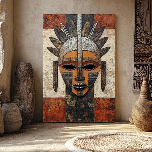 African Inspired Abstract Wall Art Stretched Canvas - "Guardian of Tradition"