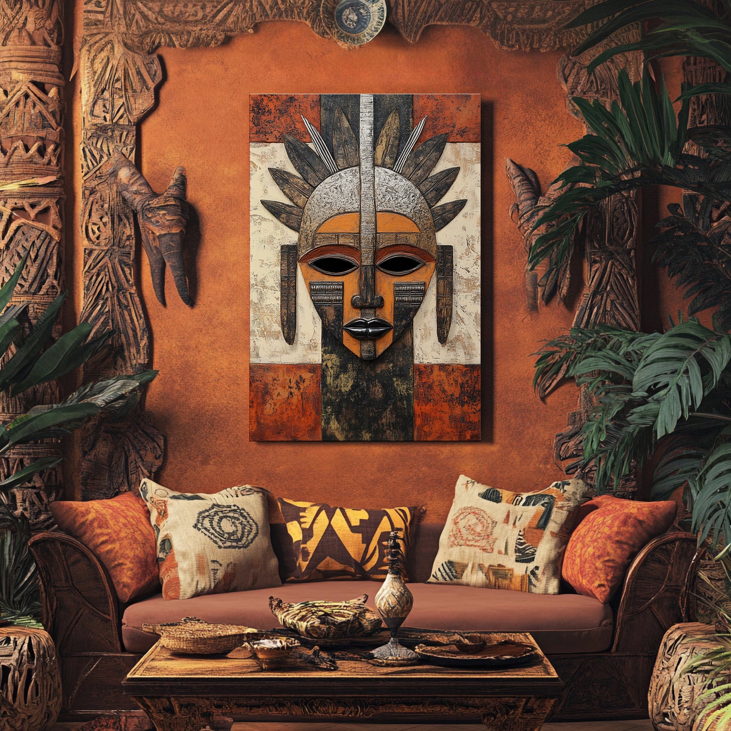 African Inspired Abstract Wall Art Rolled Canvas - "Guardian of Tradition"
