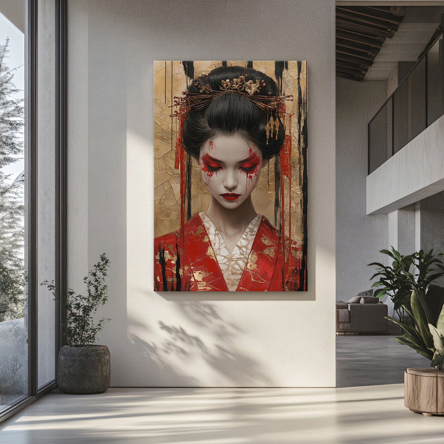 Asian Inspired Wall Art Stretched Canvas - "Painted Geisha"