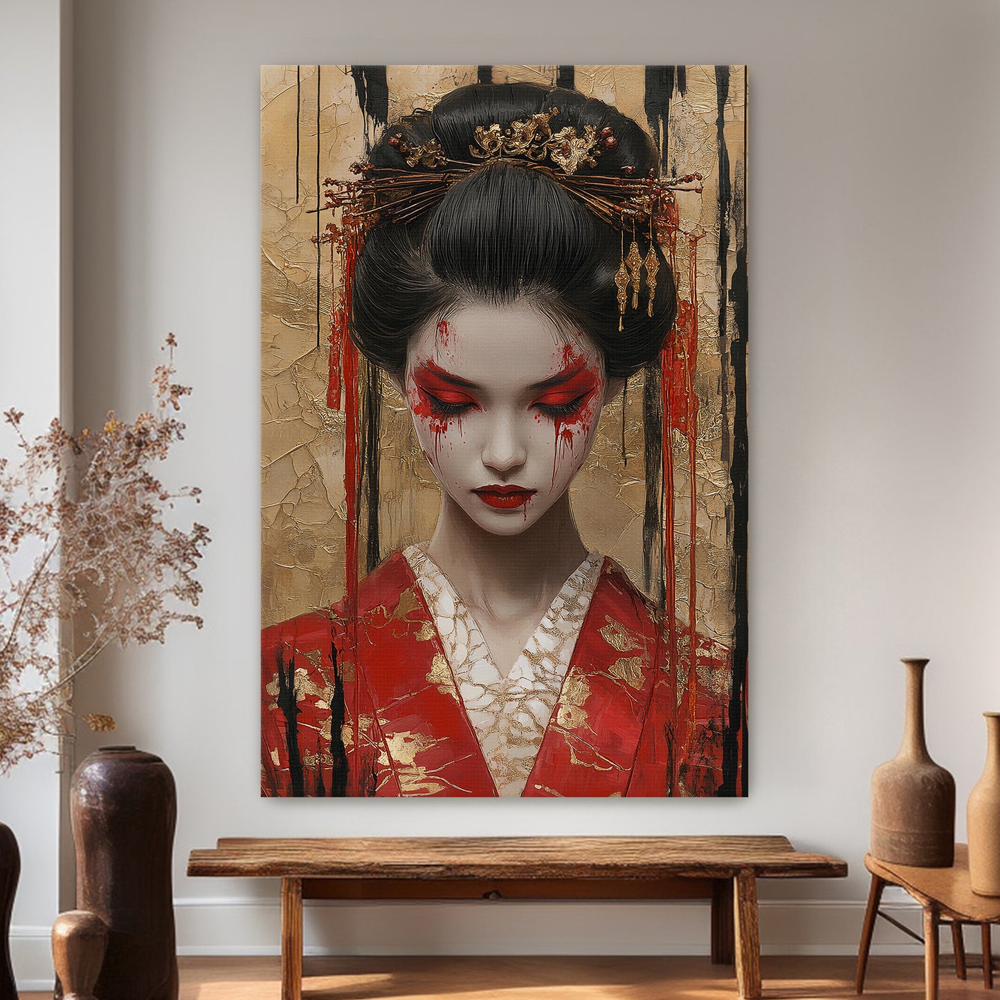 Asian Inspired Wall Art Stretched Canvas - "Painted Geisha"