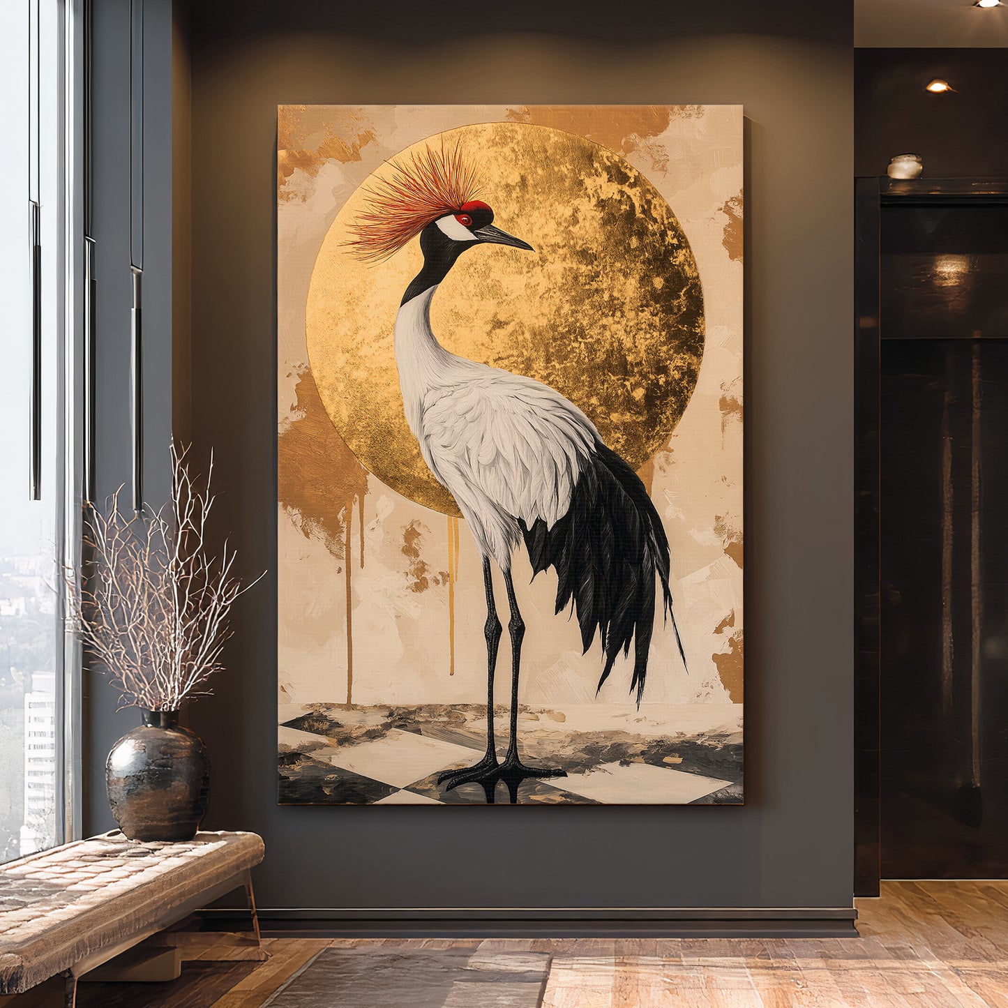 Asian Inspired Wall Art Rolled Canvas - "Celestial Crane"