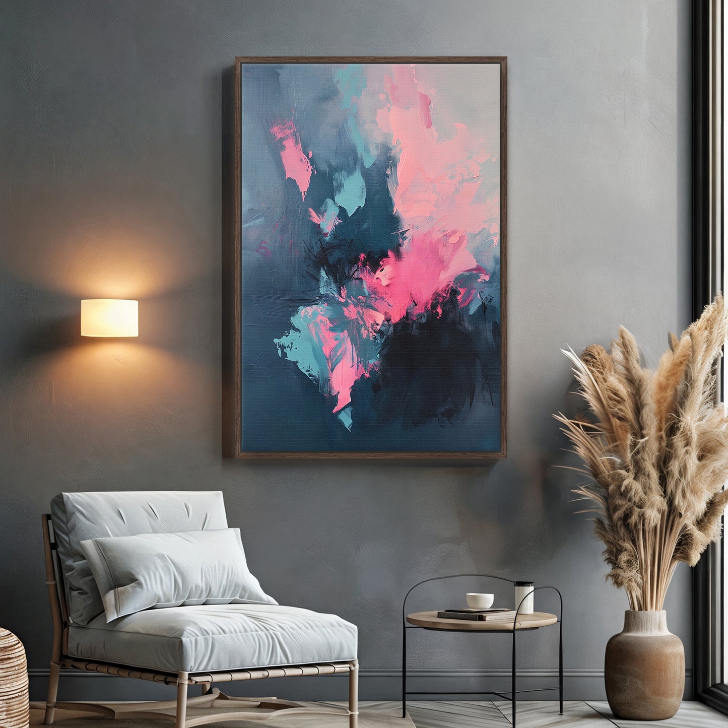 Framed Abstract Canvas – “Electric Bloom” in Pink and Blue