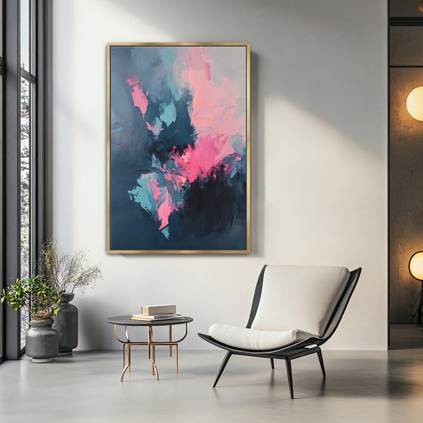 Framed Abstract Canvas – “Electric Bloom” in Pink and Blue