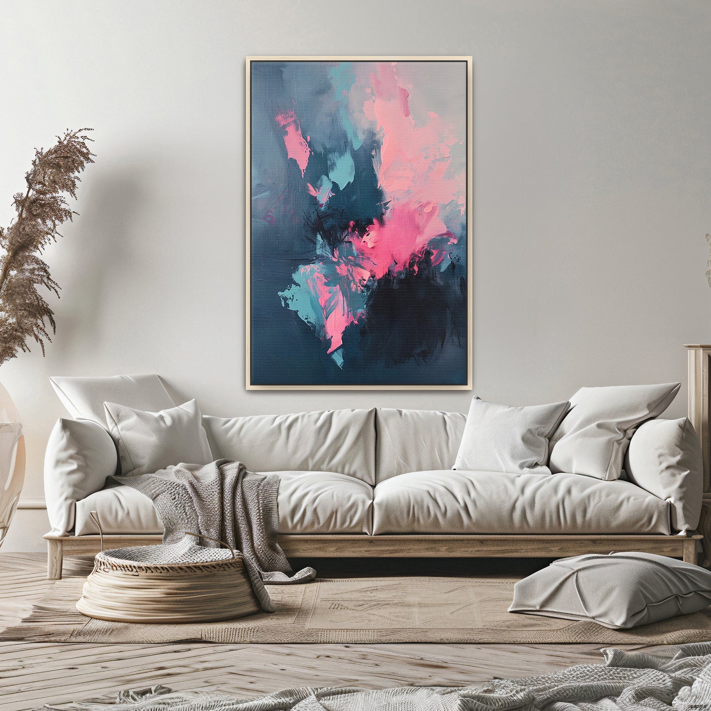 Framed Abstract Canvas – “Electric Bloom” in Pink and Blue