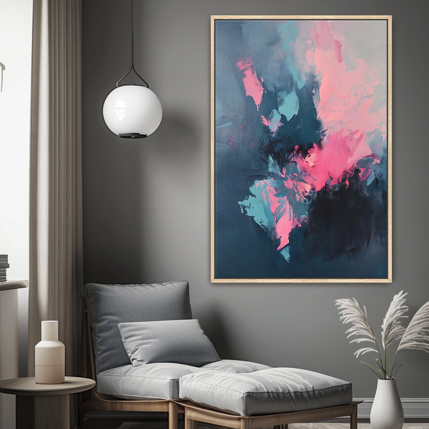 Framed Abstract Canvas – “Electric Bloom” in Pink and Blue