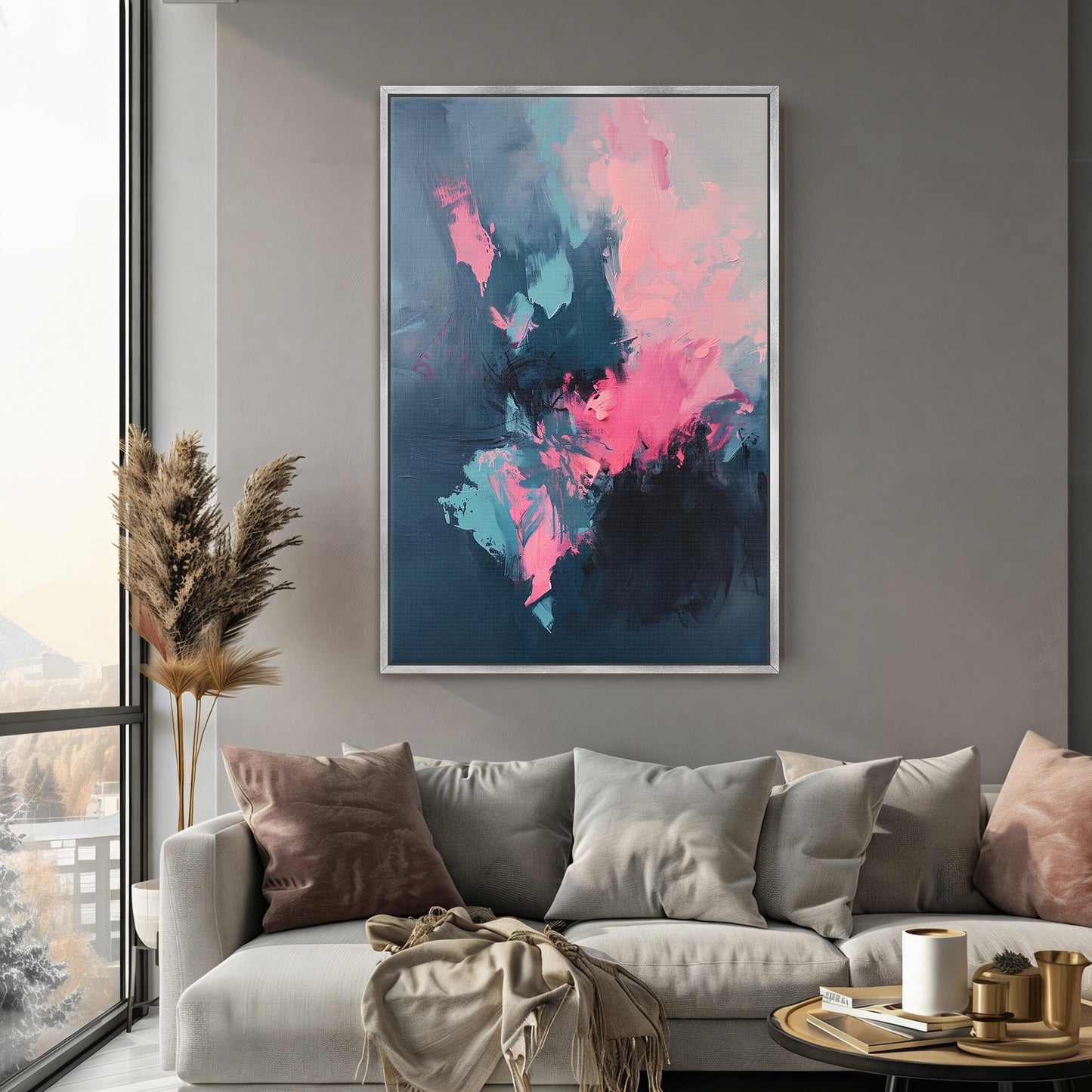 Framed Abstract Canvas – “Electric Bloom” in Pink and Blue