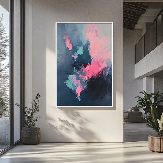 Framed Abstract Canvas – “Electric Bloom” in Pink and Blue