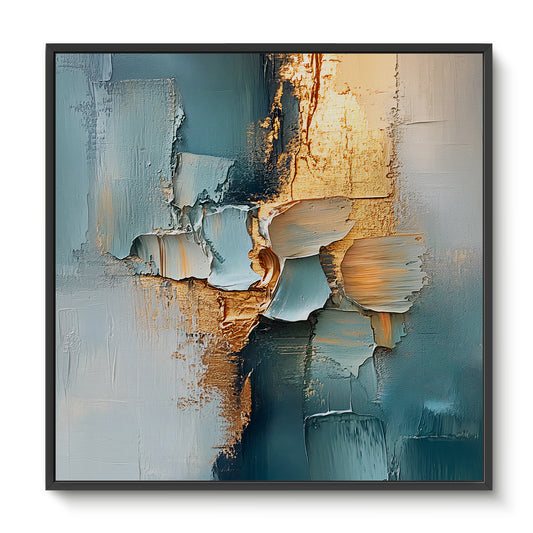 Framed Square Abstract Canvas – “Golden Divide” in Teal and Gold