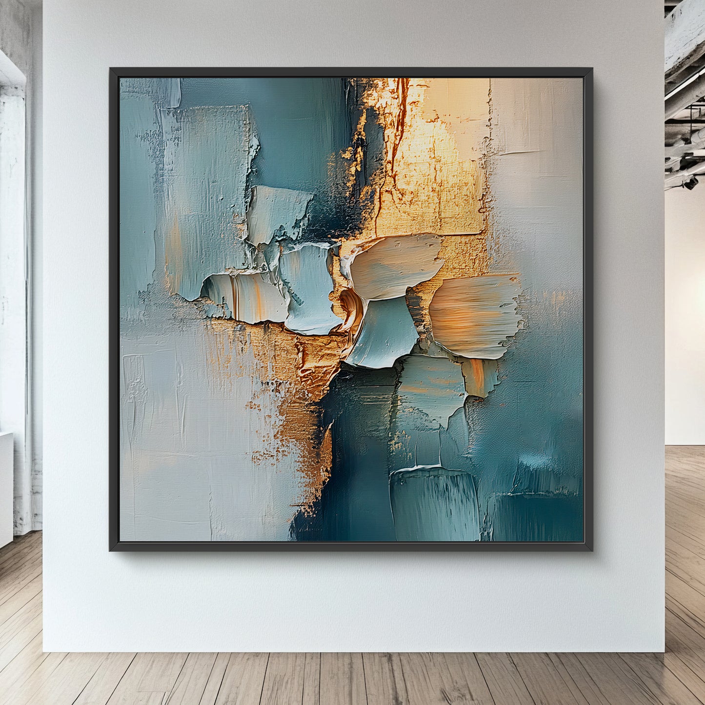 Framed Square Abstract Canvas – “Golden Divide” in Teal and Gold