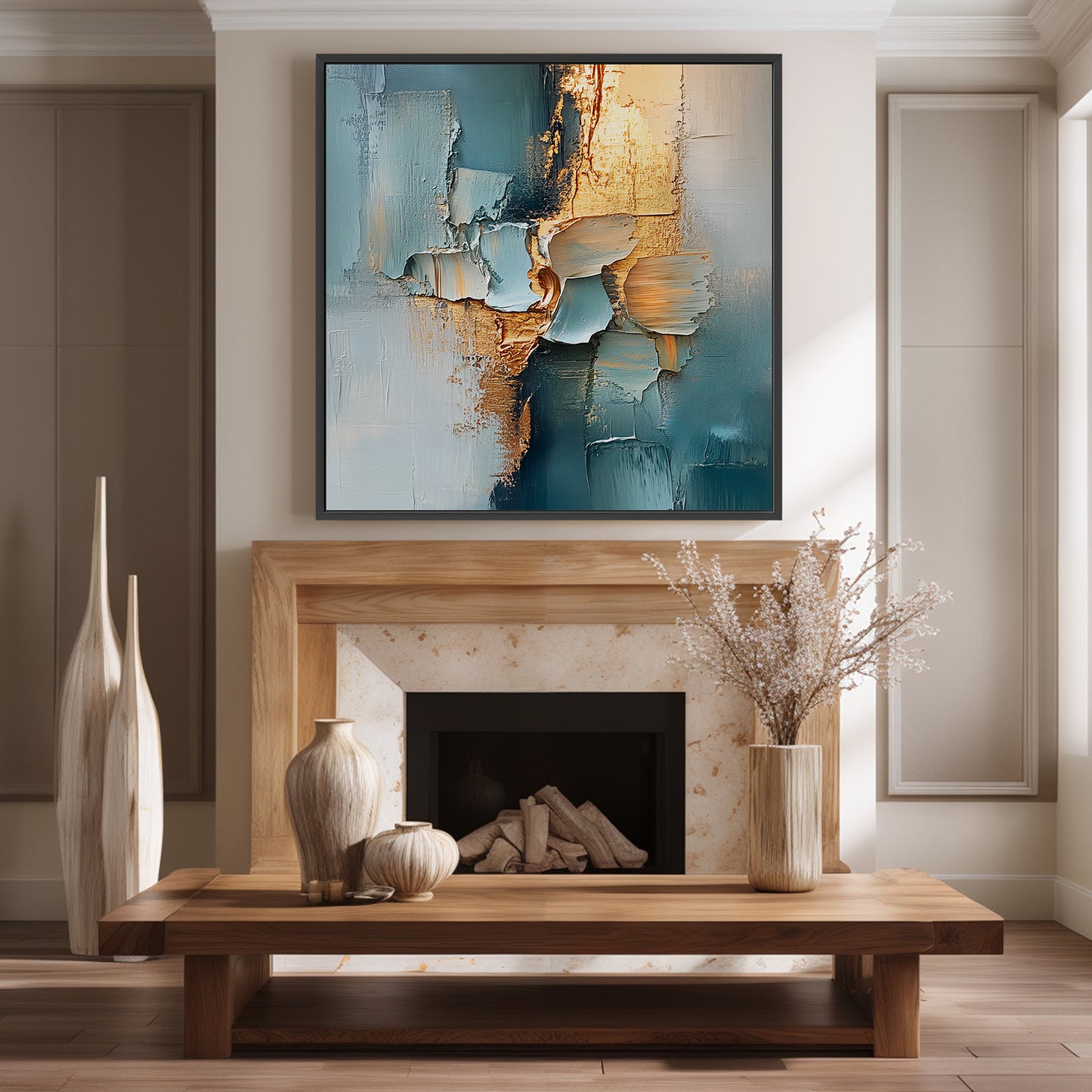 Framed Square Abstract Canvas – “Golden Divide” in Teal and Gold