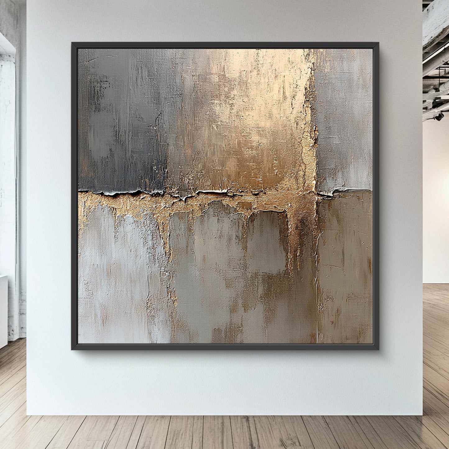 Framed Abstract Canvas – “Gilded Faultline” Gold and Gray Modern Wall Art