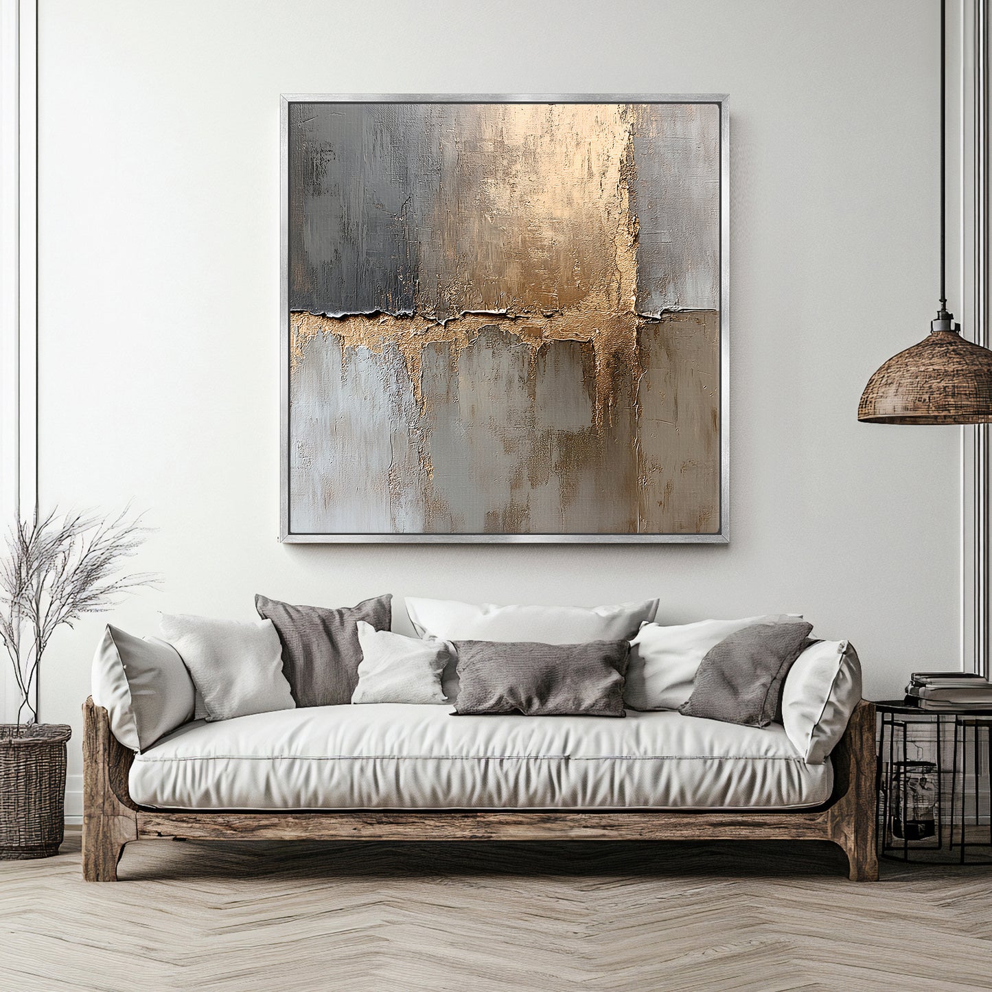 Framed Abstract Canvas – “Gilded Faultline” Gold and Gray Modern Wall Art