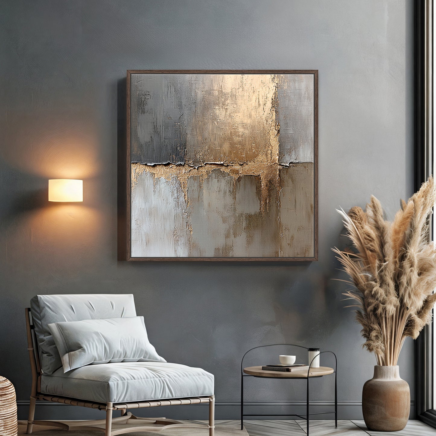 Framed Abstract Canvas – “Gilded Faultline” Gold and Gray Modern Wall Art
