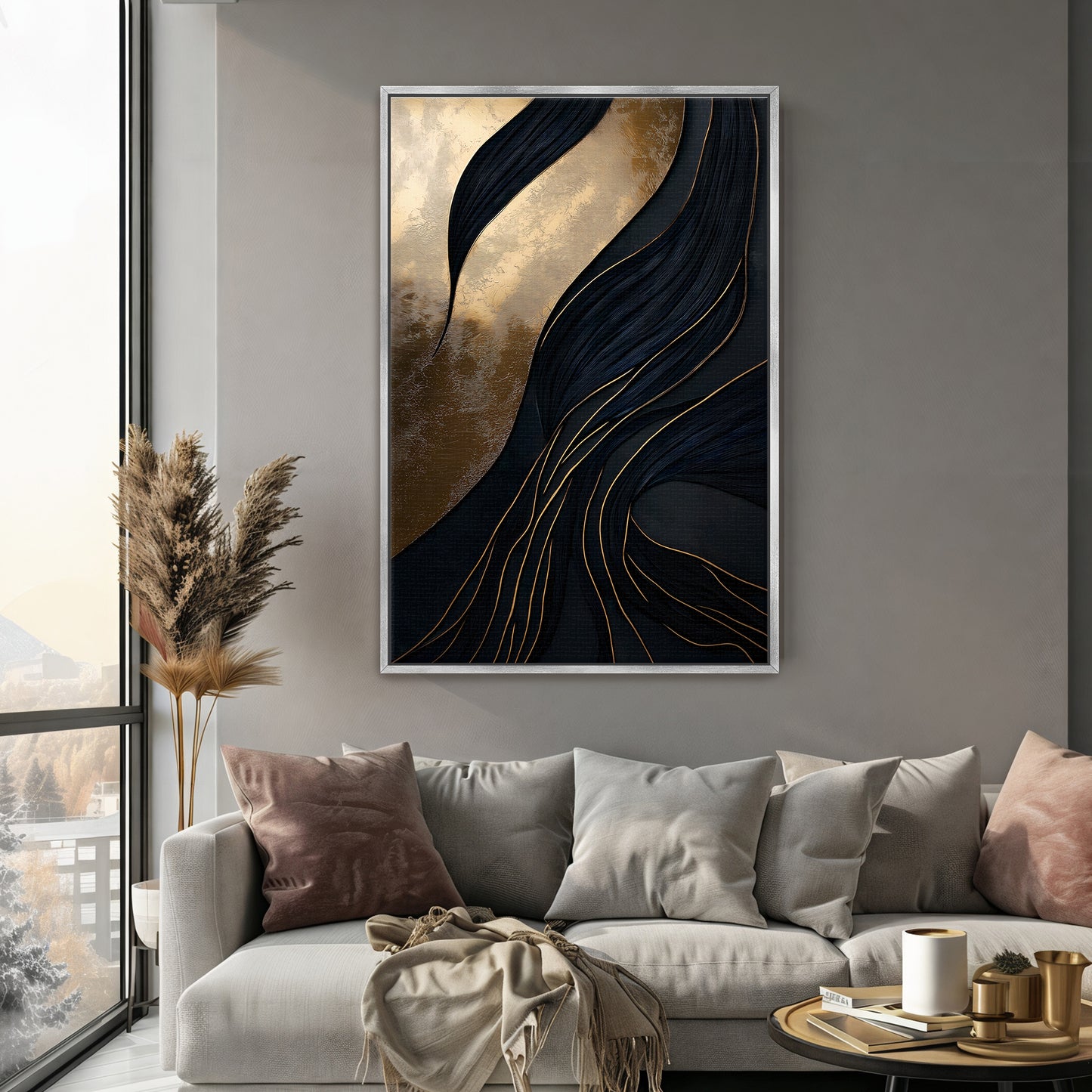 Abstract Wall Art Framed Canvas Print - "Obsidian Drift"