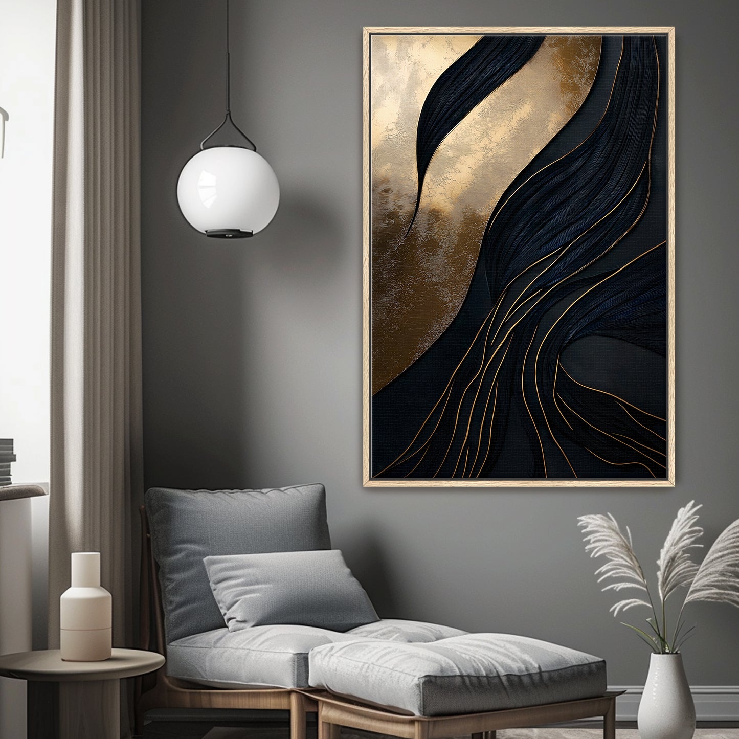 Abstract Wall Art Framed Canvas Print - "Obsidian Drift"