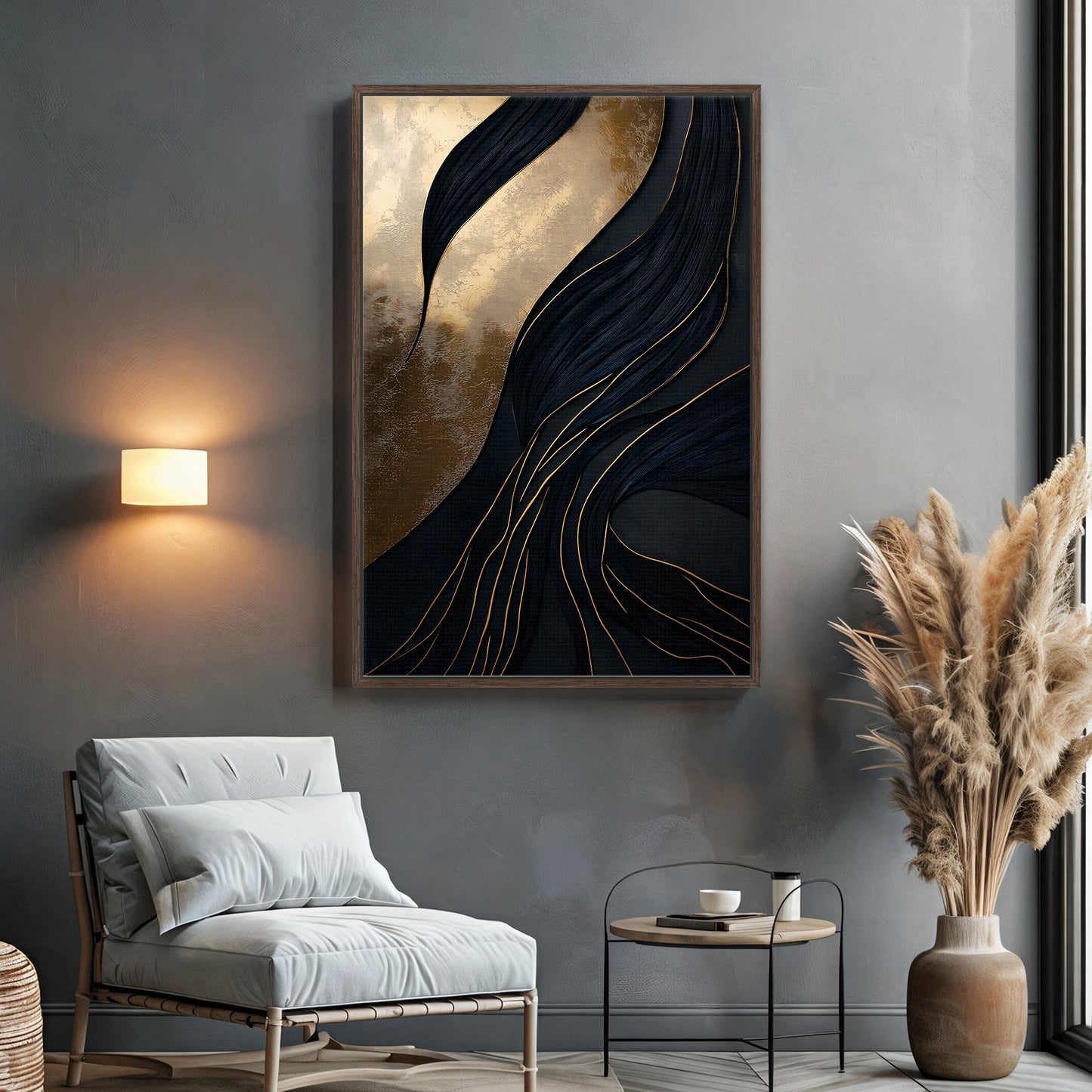 Abstract Wall Art Framed Canvas Print - "Obsidian Drift"