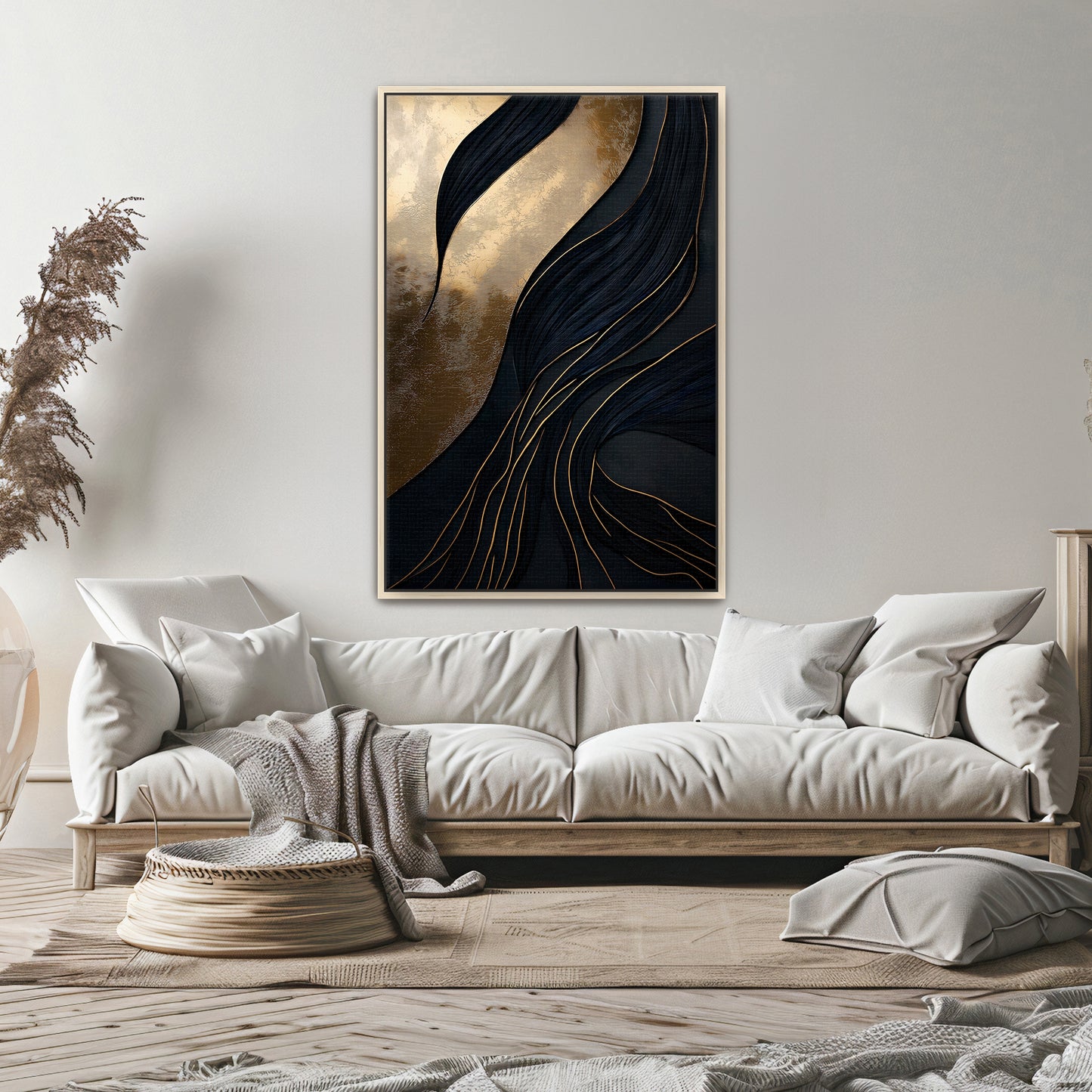 Abstract Wall Art Framed Canvas Print - "Obsidian Drift"