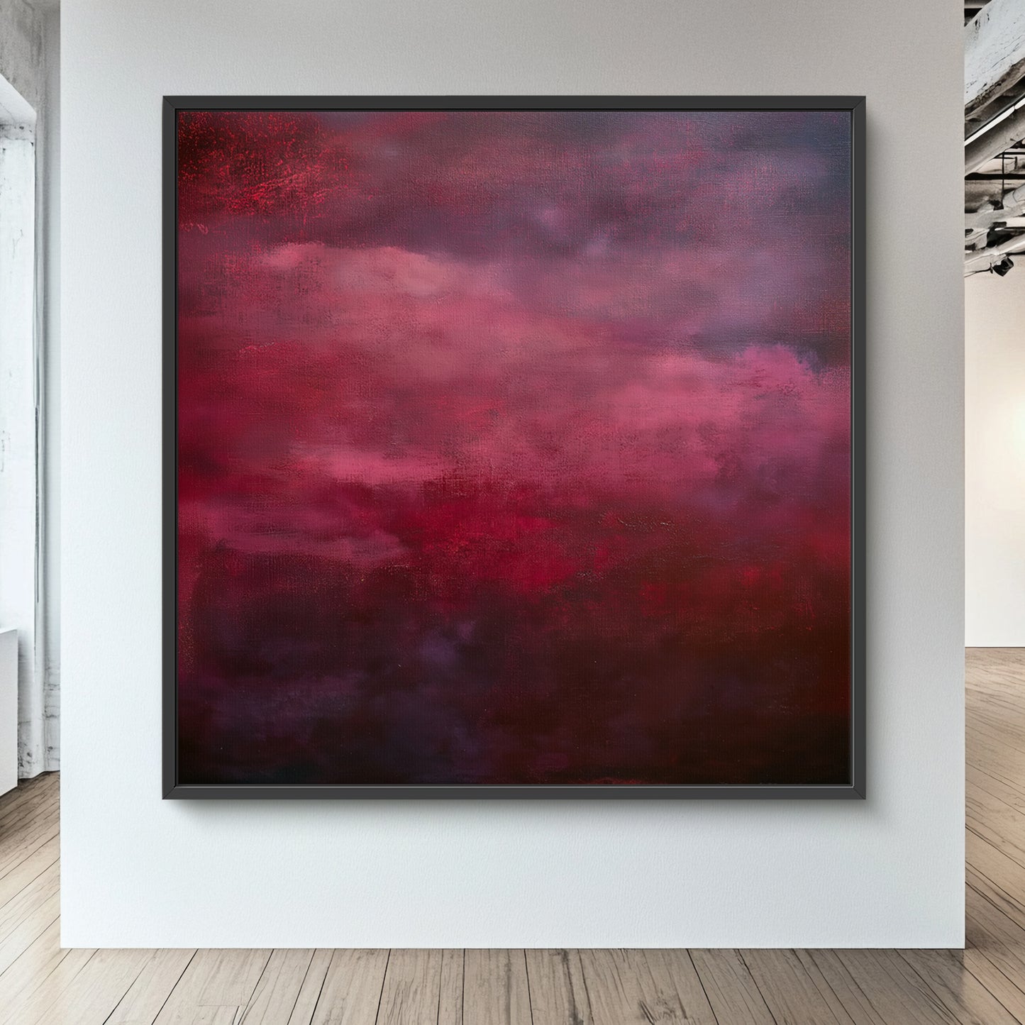 Abstract Minimalist Wall Art Framed Canvas Print - "Crimson Veil"