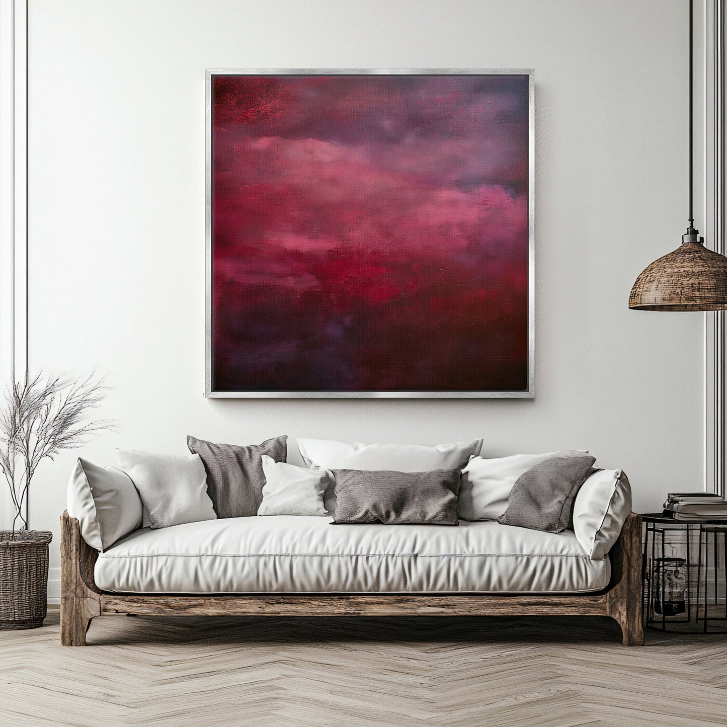 Abstract Minimalist Wall Art Framed Canvas Print - "Crimson Veil"
