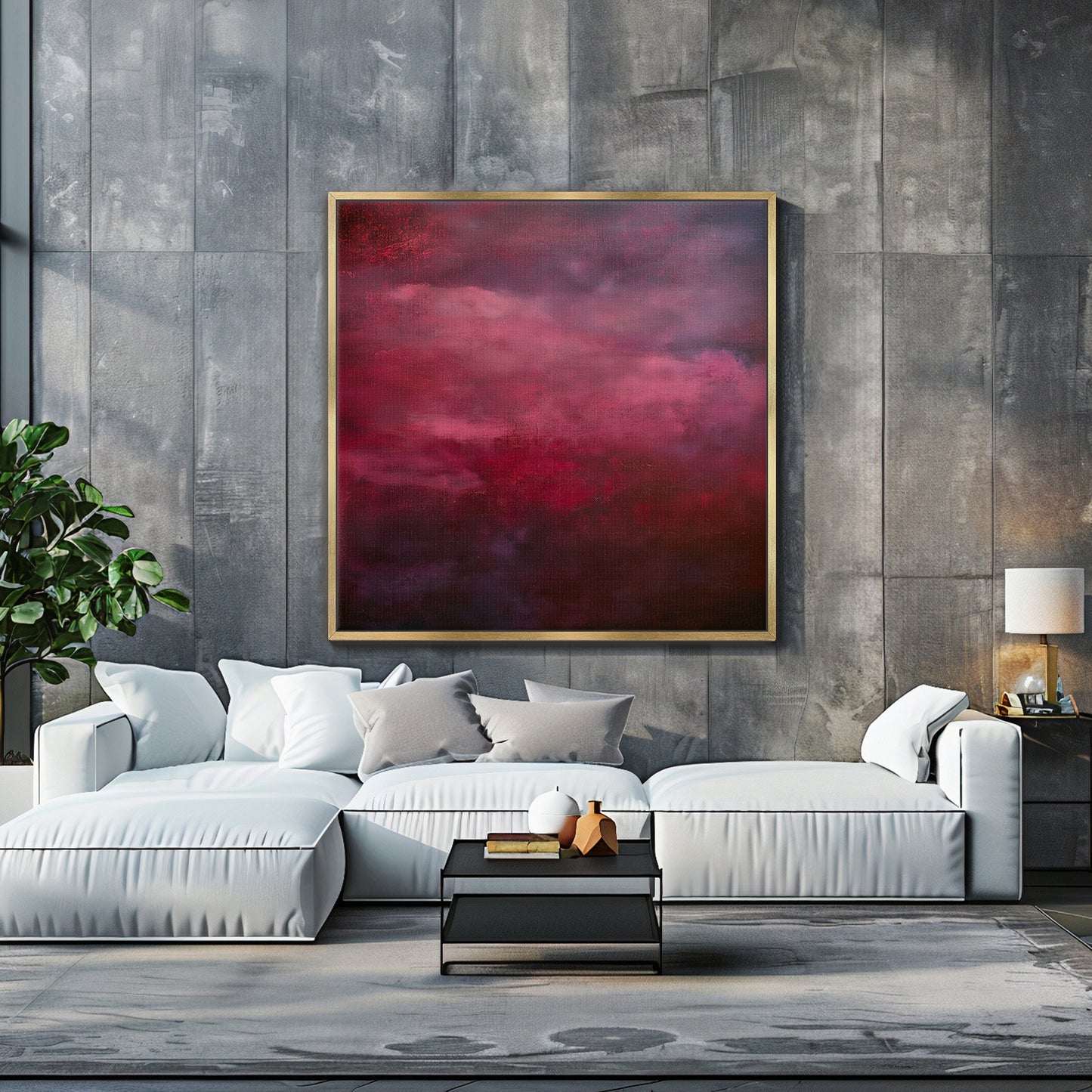 Abstract Minimalist Wall Art Framed Canvas Print - "Crimson Veil"
