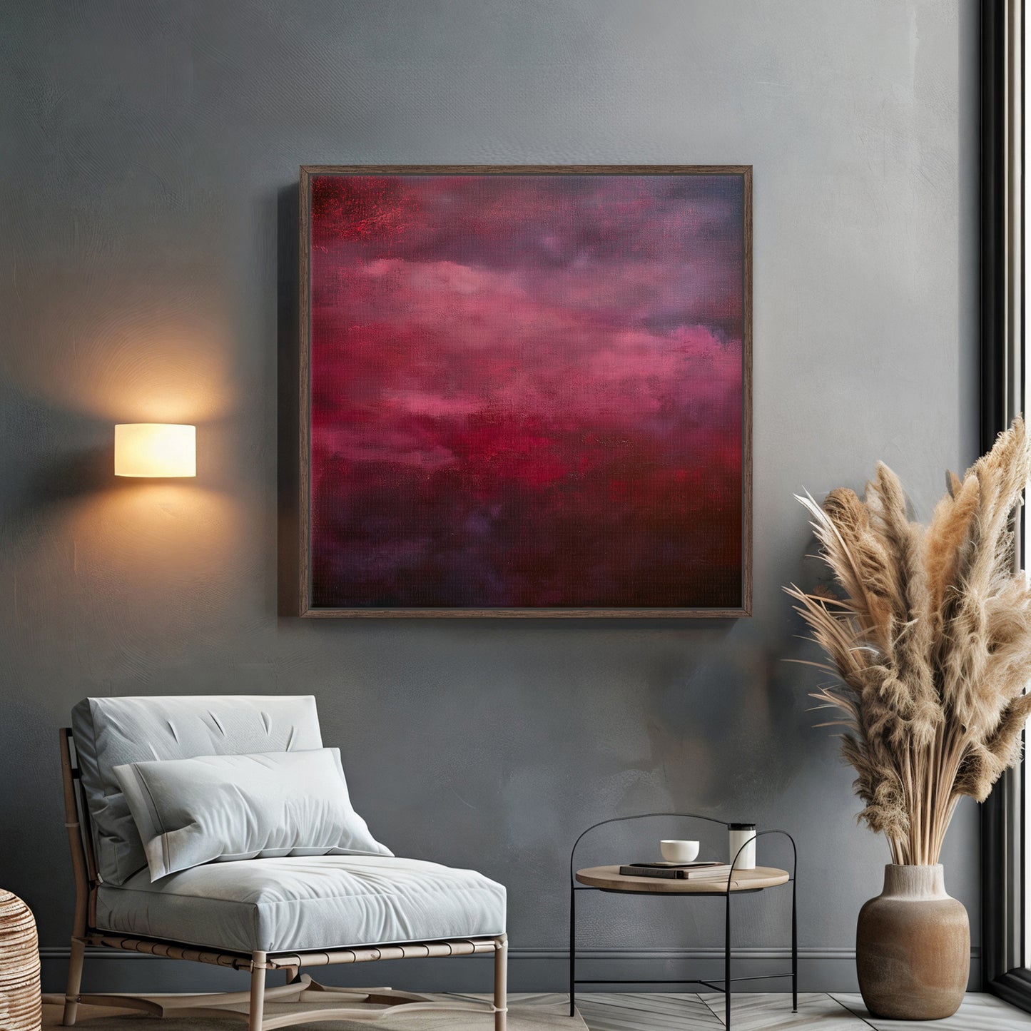 Abstract Minimalist Wall Art Framed Canvas Print - "Crimson Veil"