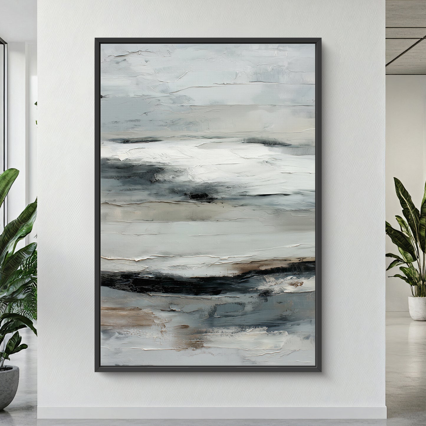 Abstract Minimalist Wall Art Framed Canvas Print - "Winter Horizon"