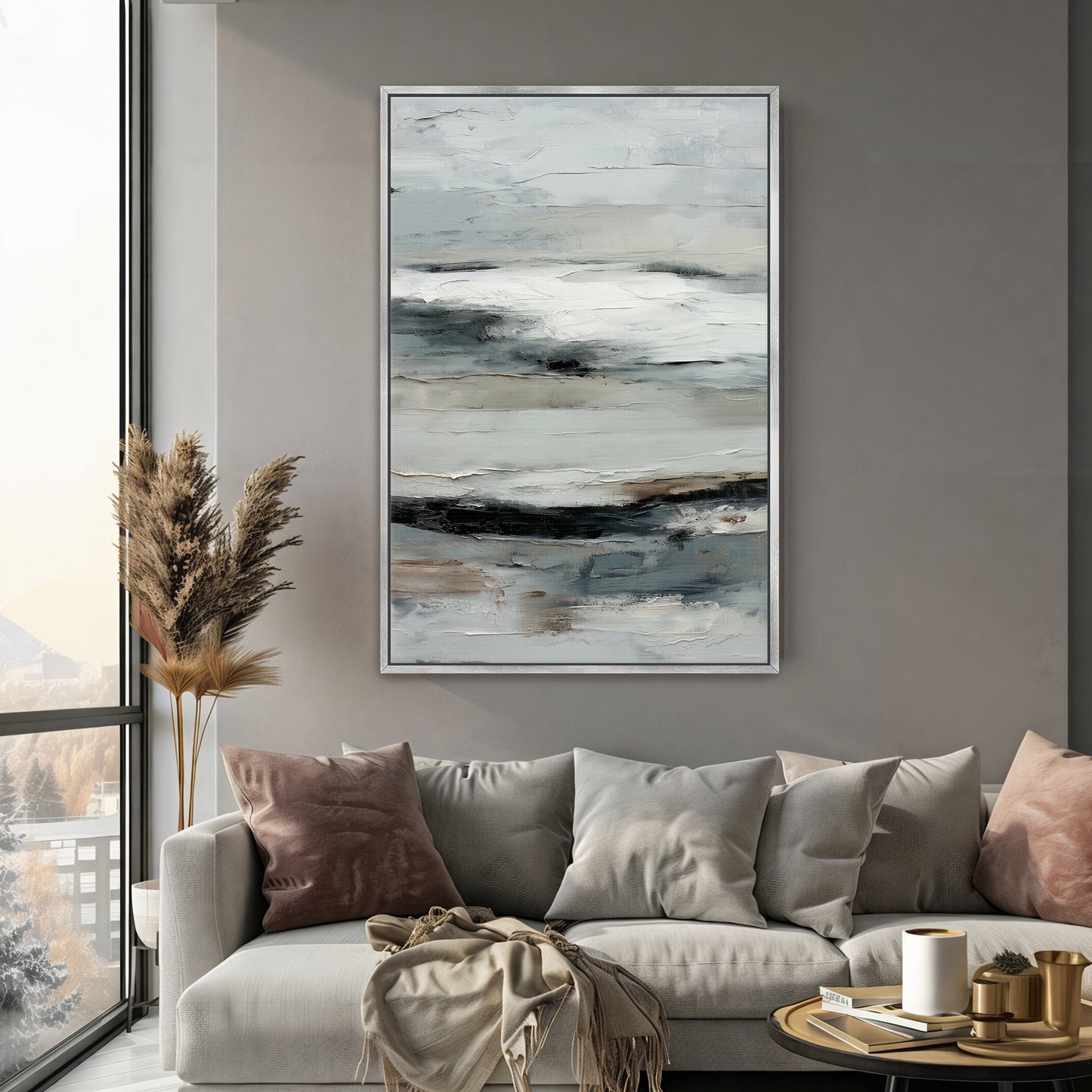 Abstract Minimalist Wall Art Framed Canvas Print - "Winter Horizon"