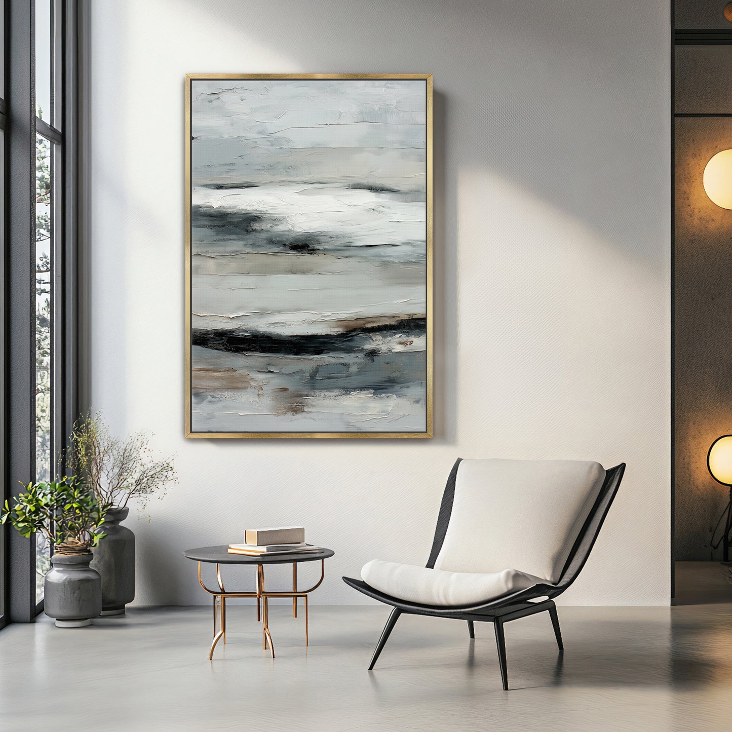 Abstract Minimalist Wall Art Framed Canvas Print - "Winter Horizon"