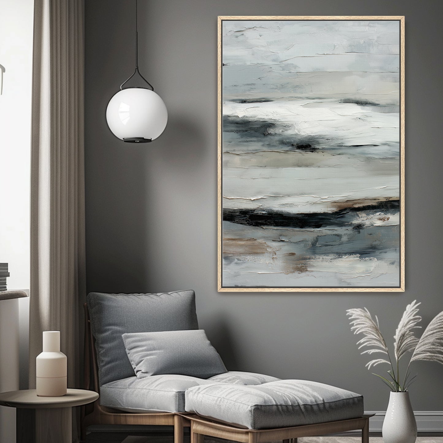 Abstract Minimalist Wall Art Framed Canvas Print - "Winter Horizon"