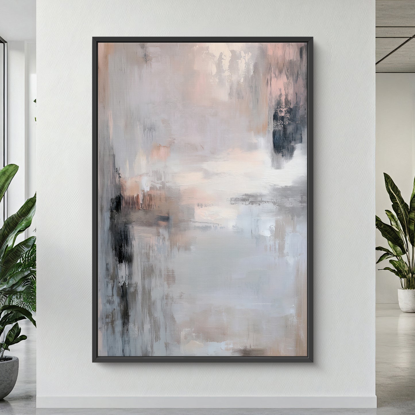 Abstract painting in a modern interior setting with plants.