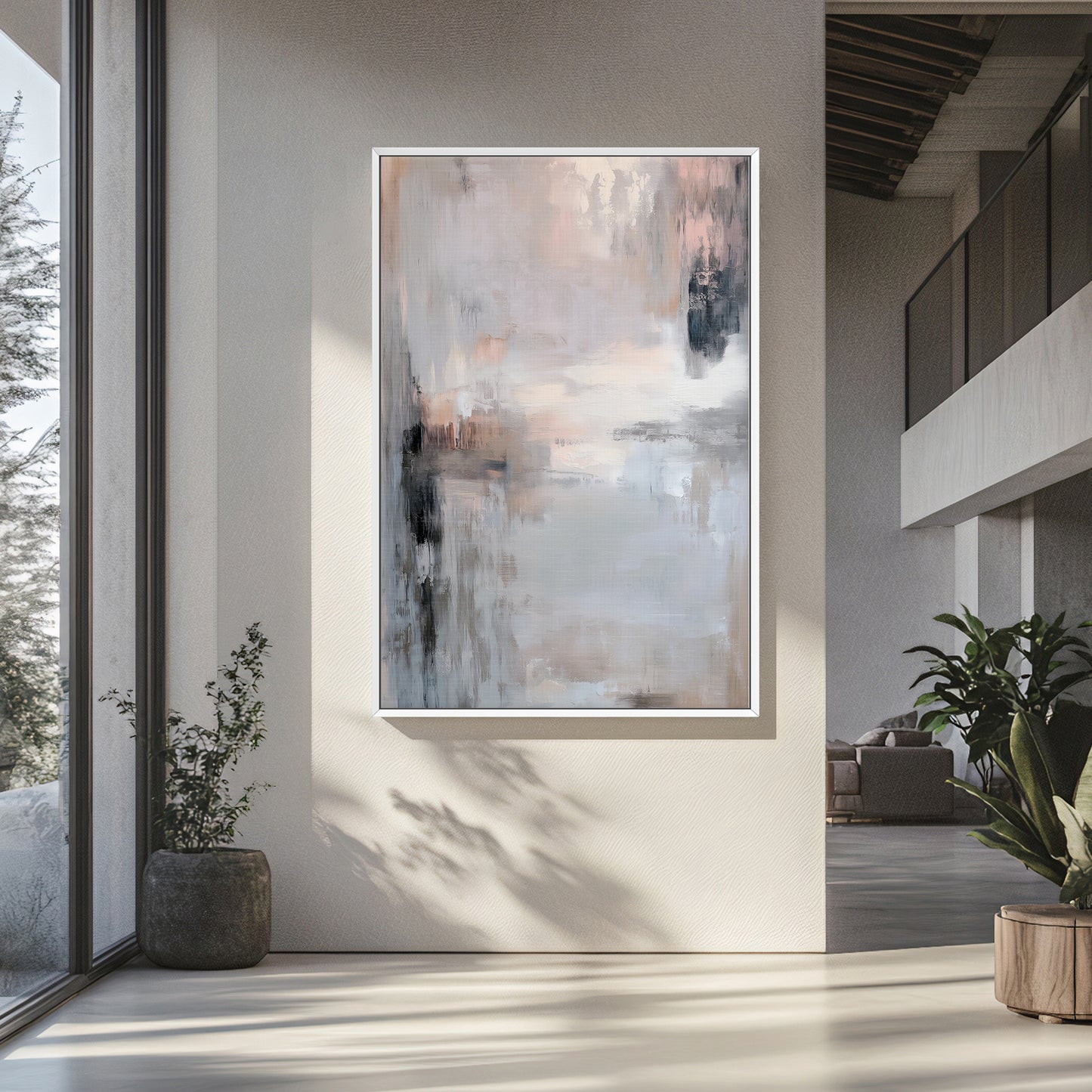 Abstract painting in a modern living room with plants and a large window.