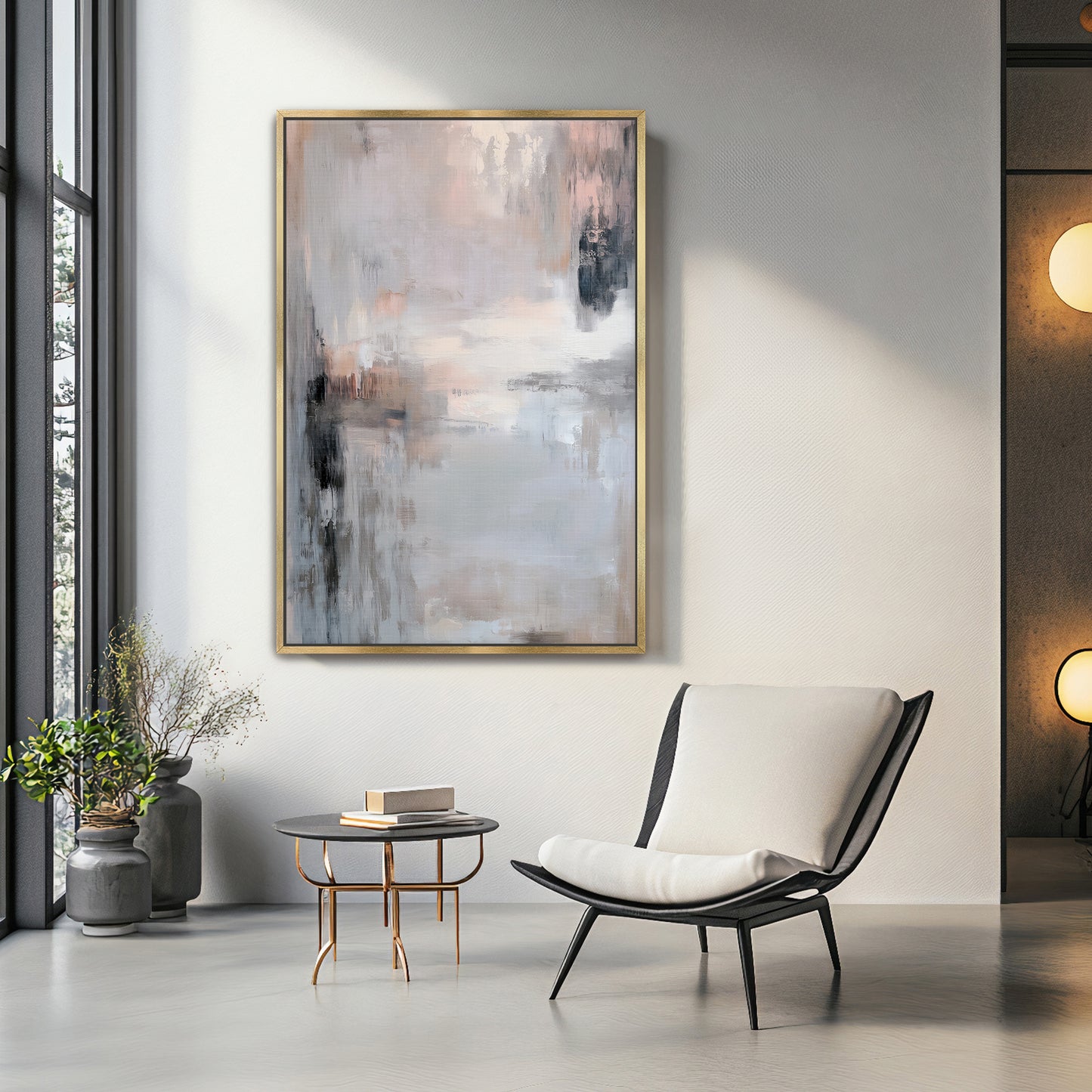 Modern living room with abstract painting, chair, and small table.