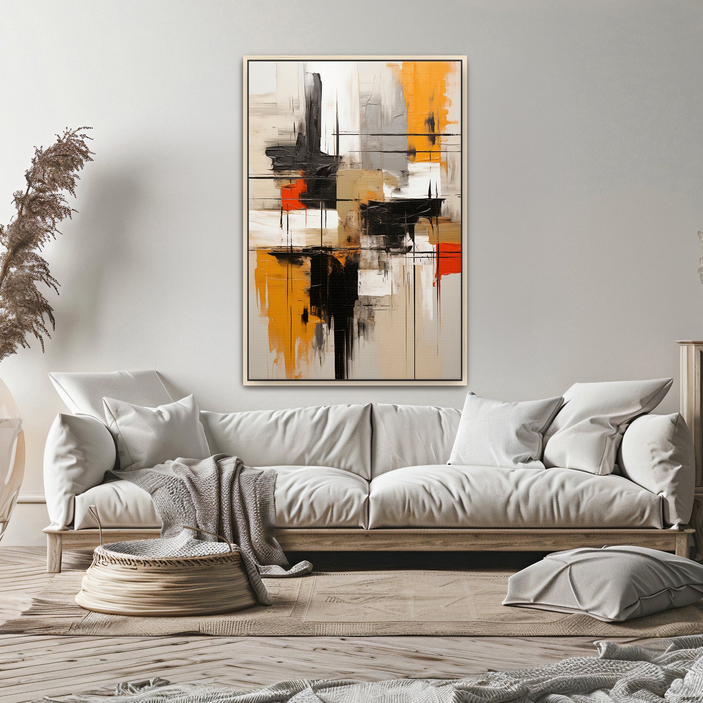 Abstract Geometric Artwork Framed Canvas Giclee Print - "Ochre Blueprint"
