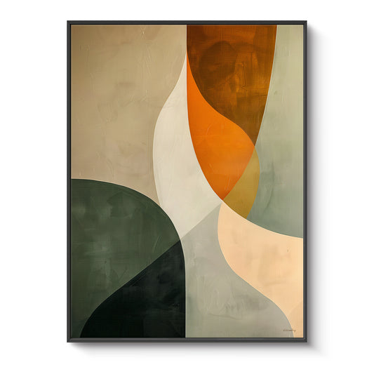 Framed canvas print with interlocking organic shapes in forest green, terracotta orange and cream — earthy mid-century modern wall art in a black floating frame