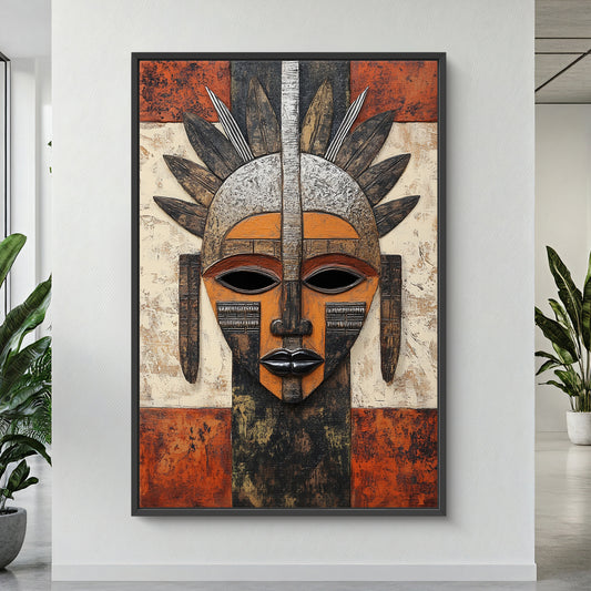 African Abstract Art Framed Canvas Print - "Guardian of Tradition"