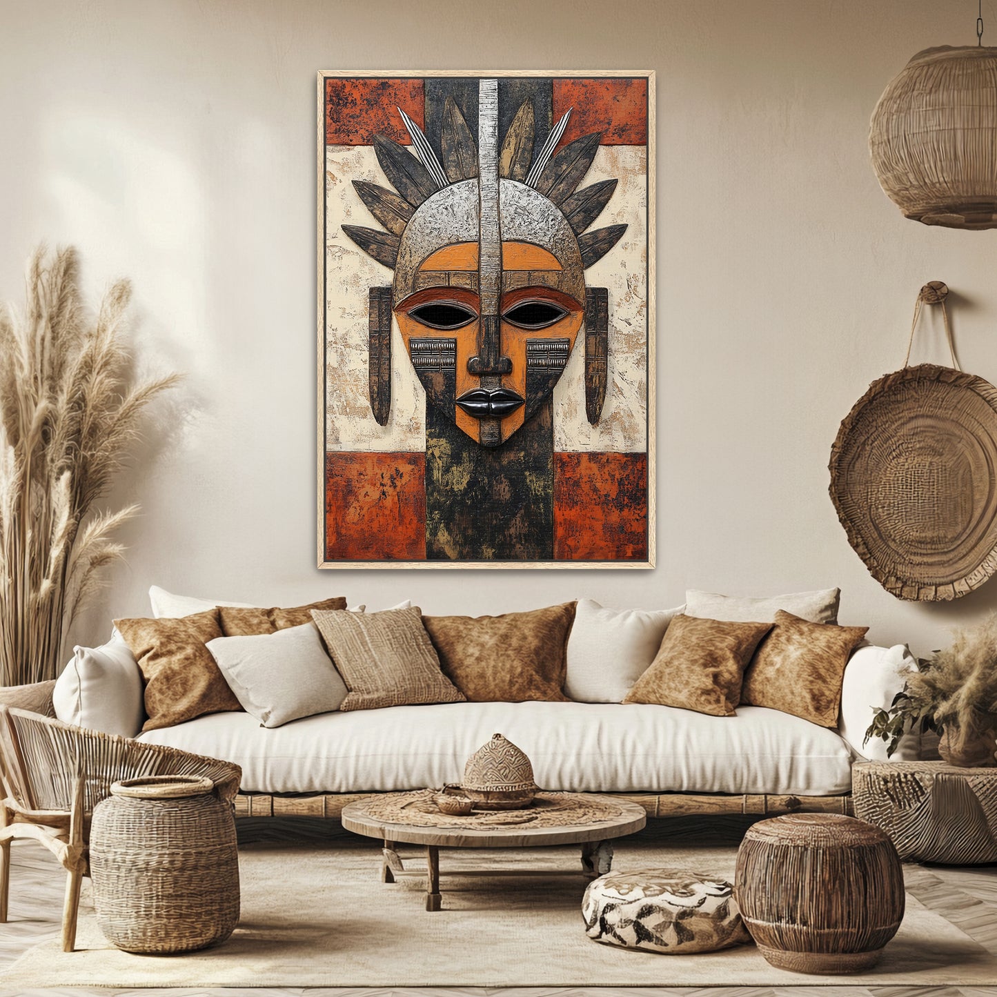 African Abstract Art Framed Canvas Print - "Guardian of Tradition"